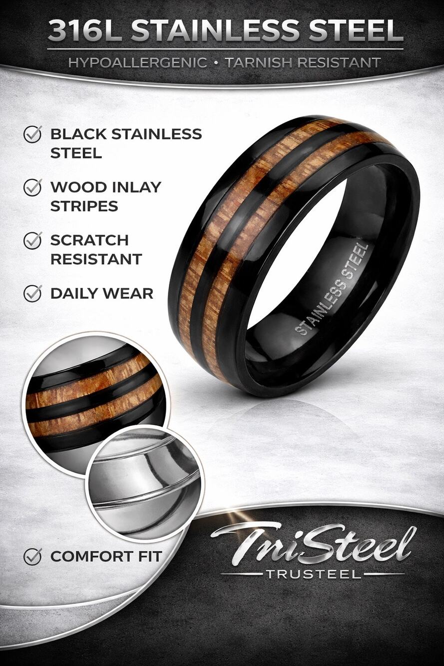 Men’s women’s Double Wood Inlay Center Black IP Stainless‎ Steel Ring Size 9